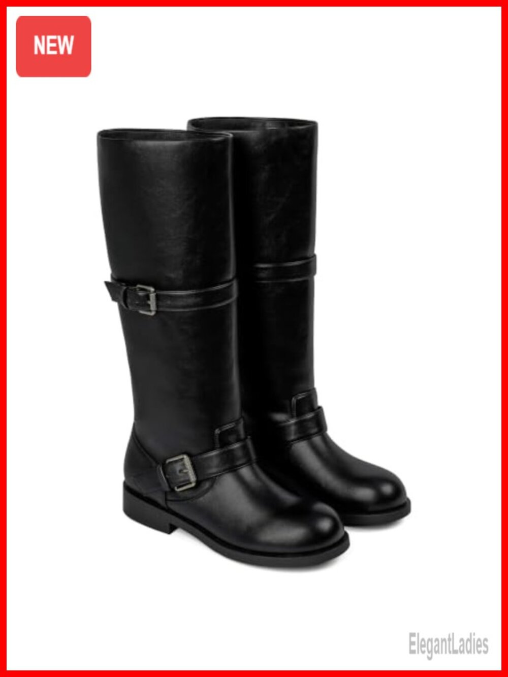 Double Buckle Knee High Boots Faux Leather Flat Riding Tall Boots
